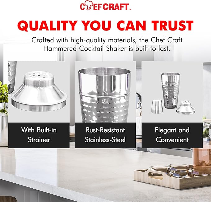 Chef Craft Hammered Cocktail Shaker, 28 Ounce Fluid Volume Capacity, Stainless Steel