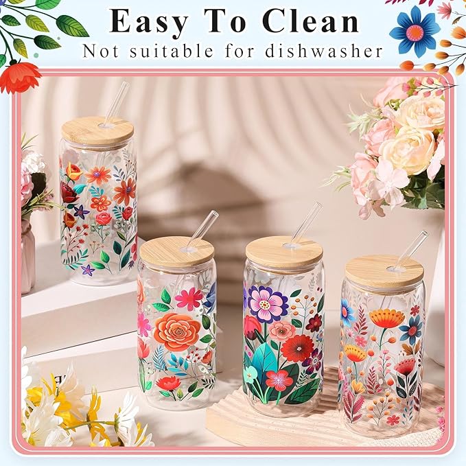 Mumufy 4 Pack Gift for Women Cute Glass Cup Tumbler Flower Iced Coffee Mugs 16 oz Glass with Bamboo Lid & Straw, Mothers Day Birthday Gift for Mom Sister Bridesmaid Baby Shower(Abstract Flower)