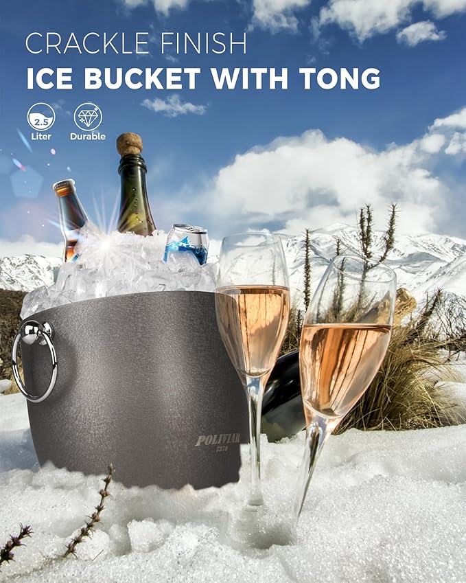 POLIVIAR Ice Bucket, 2.5L Double Wall Ice Bucket with Lid, Stainless Steel Ice Bucket with Tong & Strainer, Ice Bucket for Cocktail Bar, Home & Parties, JX2023-IBLY