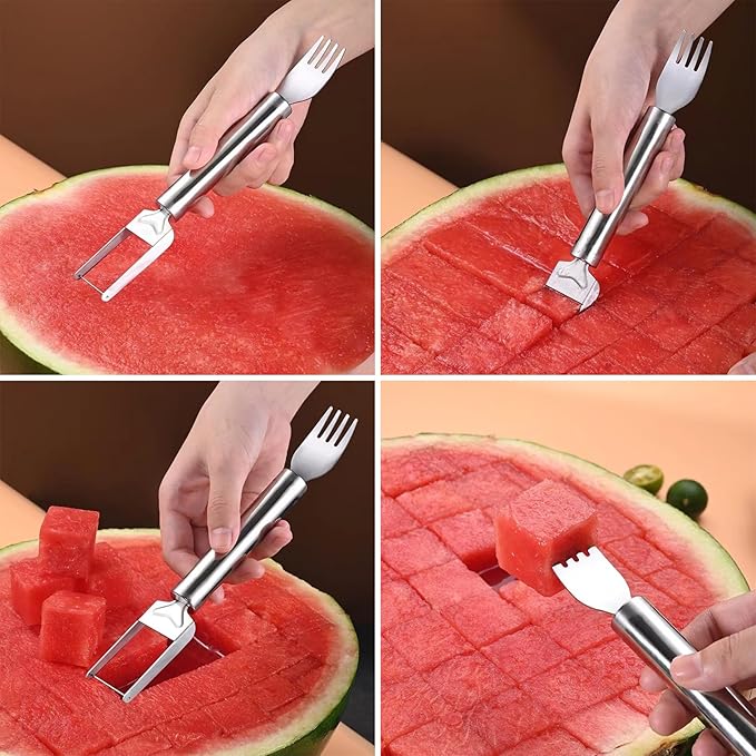 2-in-1 Stainless Steel Fruit Cutter, 2 Pcs Watermelon Fork Slicer Cutter, Dual Head Watermelon Cuber Cutting Tool Knife Summer Fruit Cutting Fork for Home Party Camping Kitchen Gadget