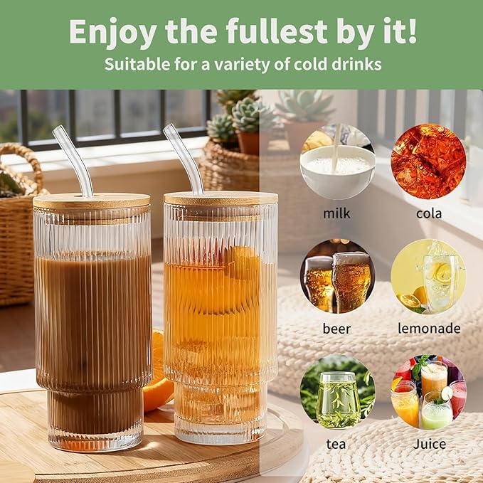 4 Pack Glass Cups with Lids and Straws, 16oz Ribbed Drinking Glasses Tumblers Durable Drinkware Water Glasses Cup Ideal Gift for Home, Kitchen, Office
