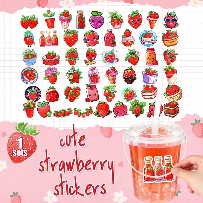 Funnymoom 30 Set Strawberry Drink Buckets with Lids and Straws 34oz Large Clear Plastic Cups Disposable Rum Cocktail Pails with Handles and Stickers for Summer Birthday Beach Pool Party Supplies