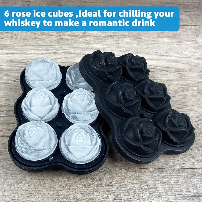 CAMKYDE Rose Ice Cube Tray 2 Inch [1 Mold + 1 Funnel + 6 Stoppers], 6 Cavity Silicone Rose Ice Cube Mold for Whiskey, Chilling Cocktails, Bourbon, Juice (Black)