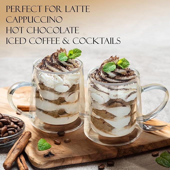 Joeyan 10.8oz Double Wall Glass Coffee Mugs Set of 2, Insulated Clear Glass Coffee Cups with Handle, Thermal Two Layer Latte Mugs for Hot Cold Drinks, Glassware for Coffee Tea Cocktails Espresso Beer