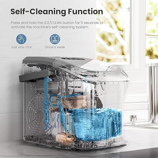 Crzoe Ice Makers Countertop with Handle, 2 Sizes of Ice, 8 Bullet Ice Cubes in 6 Mins, 26Lbs/24H, Portable Ice Maker with Self-Cleaning, Ice Machine for Home&Kitchen&Office&Party (Grey)