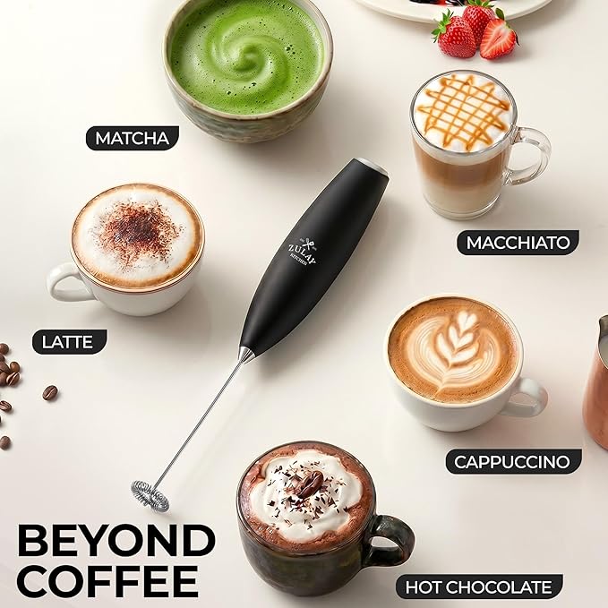 Zulay Kitchen Milk Frother Handheld Electric Whisk – Frother Wand, Durable Drink Mixer, Stainless Steel Whisk, Coffee Frother, Hand Blender, Frother for Protein Powder, Lattes, Matcha & More - Black