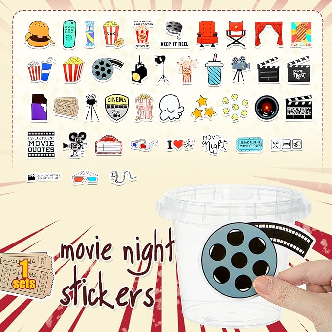 Funnymoom 30 Set Movie Night Clear Plastic Cups with Lids & Straws 24oz Disposable Rum Drink Buckets Bulk for Cocktail Parties with Handles & Stickers for Holiday Birthday Beach Pool Party Supplies
