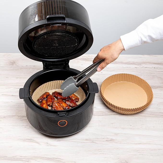 Restaurantware-Pastry Tek 8.1 x 8.1 x 1.8 Inch Air Fryer Liners, 100 Round Air Fryer Baskets - No-Stick Silicone Coating, Unbleached, Food-Grade Paper Liners, For Steamer, Microwave, Oven, Fry Pan