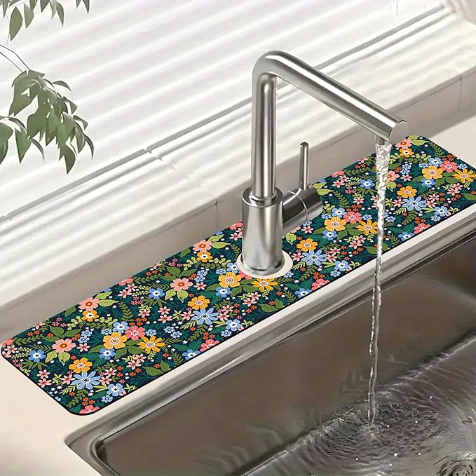Colorful Flower Kitchen Sink Splash Guard Faucet Mat Flowers Leaves Super Absorbent Fast Drying Mat Sink Splash Guard Behind Faucet for Kitchen Bathroom, 23.5"x5.5"