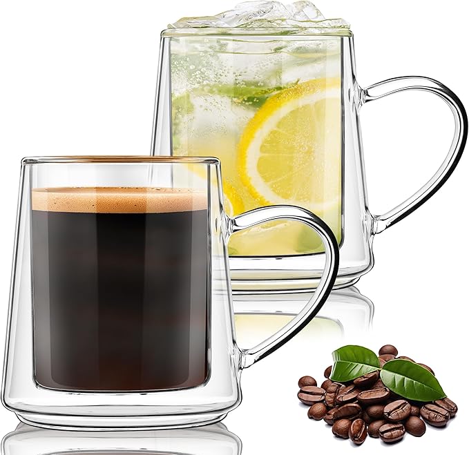 Joeyan 10.8oz Double Wall Glass Coffee Mugs Set of 2, Insulated Clear Glass Coffee Cups with Handle, Thermal Two Layer Latte Mugs for Hot Cold Drinks, Glassware for Coffee Tea Cocktails Espresso Beer