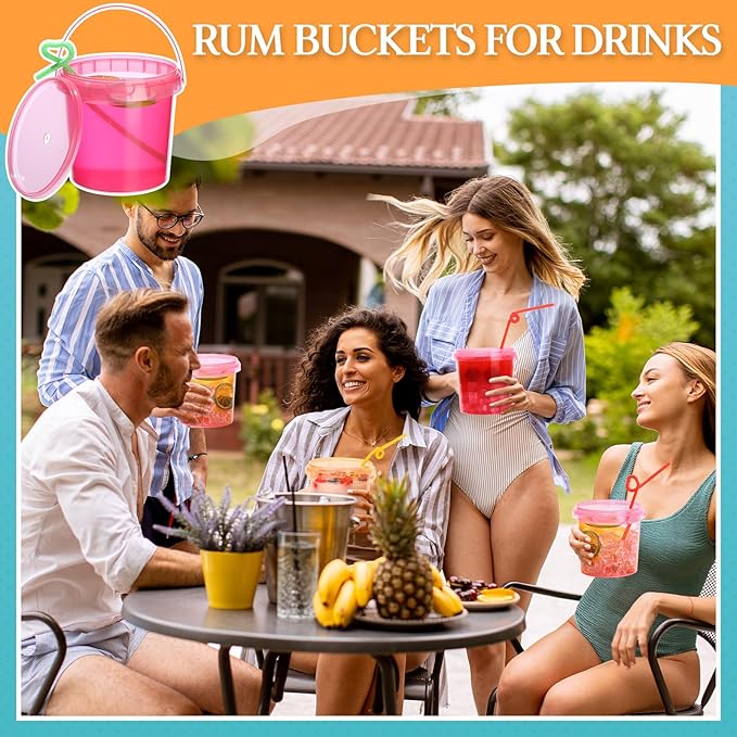 Funnymoom 32 Pack 32 oz Plastic Rum Buckets for Drinks with Straws Ice Cream Cocktail Bucket with Lids and Handles Reusable Food Containers Cup for Parties Summer Beach Bar Beer (Muticolor)