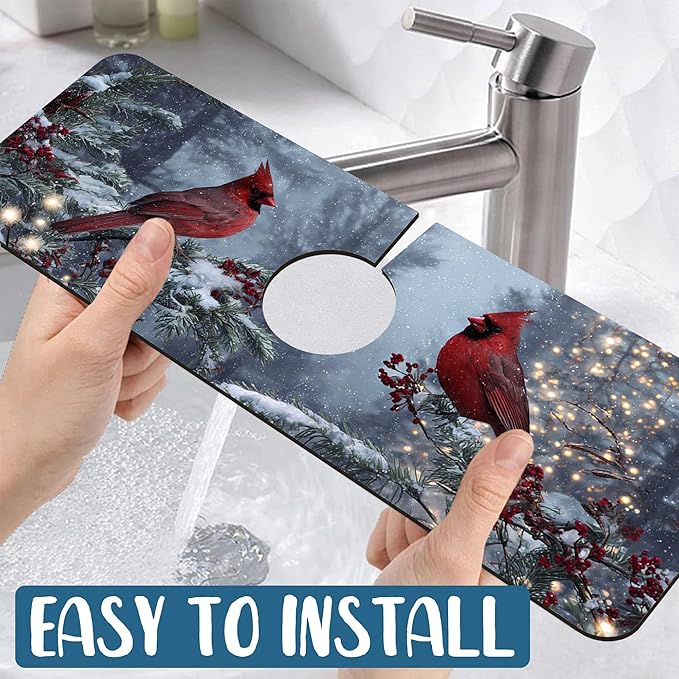 Winter Sink Splash Guard Faucet Mat Cardinal Christmas Super Absorbent Fast Drying Mat Sink Gadgets-Splash Guard Behind Faucet Drip Catcher for Kitchen Bathroom, 15.5"x5.5"