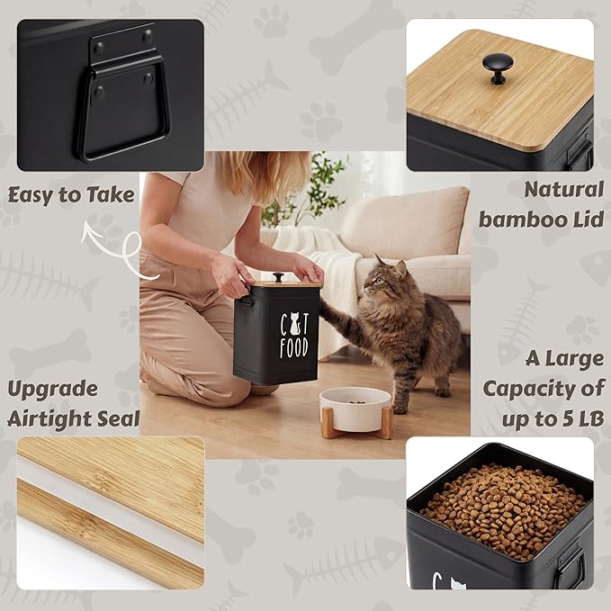 PERFNIQUE Cat Food Storage Container, Airtight Cat Treat Container with Bamboo Lid, 25 Cup Pet Food Storage for Kitchen Countertop, Treat Jars for Pets, Cat Food Container (Black, with Spoon)