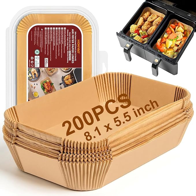Air Fryer Paper Liners for Dual Zone Airfryer, 200pcs Rectangle Disposable Inserts for Ninja Foodi DZ201 DZ401 DZ550, Bella Slim 4 qt & other 8-10 qt 2-Basket Air Fryers (9'' x 6'' on Top)
