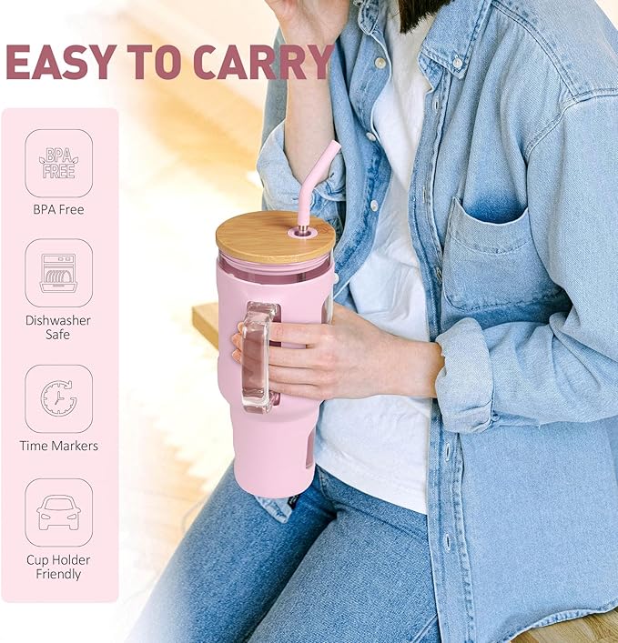 WINSA Glass Tumbler with Straw and Lid, 40 oz glass cup with handle, Glass Water Bottles with Time Marker, Silicone Protective Sleeve-Pink