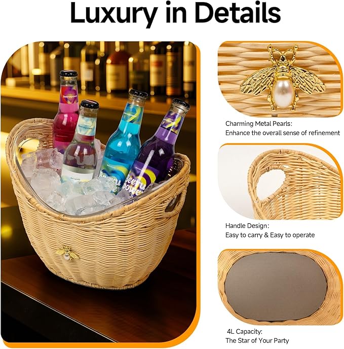 Lexenic 2 PCS Ice Bucket with Handle Hole, Woven and Acrylic Double Layer Basket Design, 4L Champagne Wine Ice Bucket for Cocktail Bar, Parties, Picnics- Anti Frozen Hands Anti Water Leakage (Rattan)