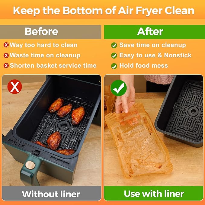Air Fryer Disposable Paper Liners: 125Pcs Rectangle 8.6x5.5" Parchment Paper Non-stick Food Grade Liners for Dual Basket | Rectangular Air Fryer
