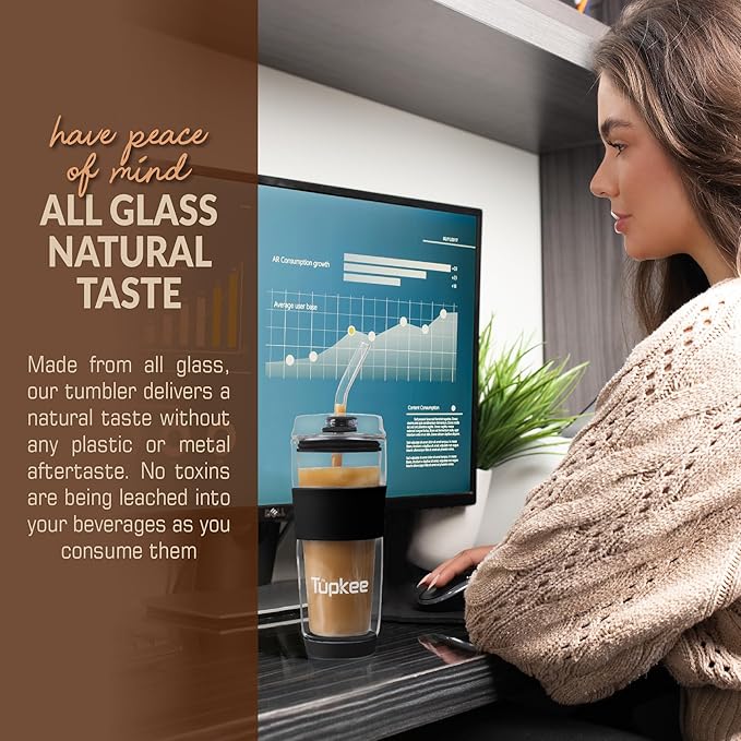 Tupkee Double Wall Glass Tumbler Straw Lid - For Hand Blown Glass Travel Mug, 14-Ounce & 8-Ounce, Black