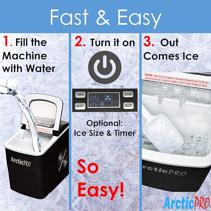 PORTABLE DIGITAL ICE MAKER MACHINE by Arctic-Pro with Ice Scoop, First Ice in 6-8 Minutes, 26 Pounds Daily, Great for Kitchens, Tailgating, Bars, Party, Small/Large Cubes, Black, 11.5x8.7x12.5 Inches