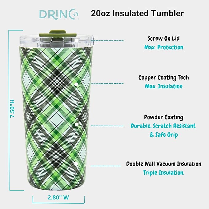 Drinco - 20 oz Stainless Steel Tumbler | Double Walled Vacuum Insulated Mug With Lid, 2 Straws, For Hot & Cold Drinks (20oz Ireland Plaid)