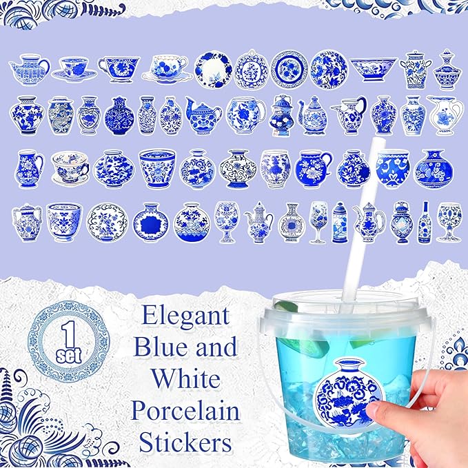 Funnymoom 30 Set Chinoiserie Drinks Buckets with Lids and Straws 24oz Blue and White Floral Clear Plastic Cups Disposable Rum Cocktail Pails with Handles & Stickers for Wedding Bridal Shower Birthday