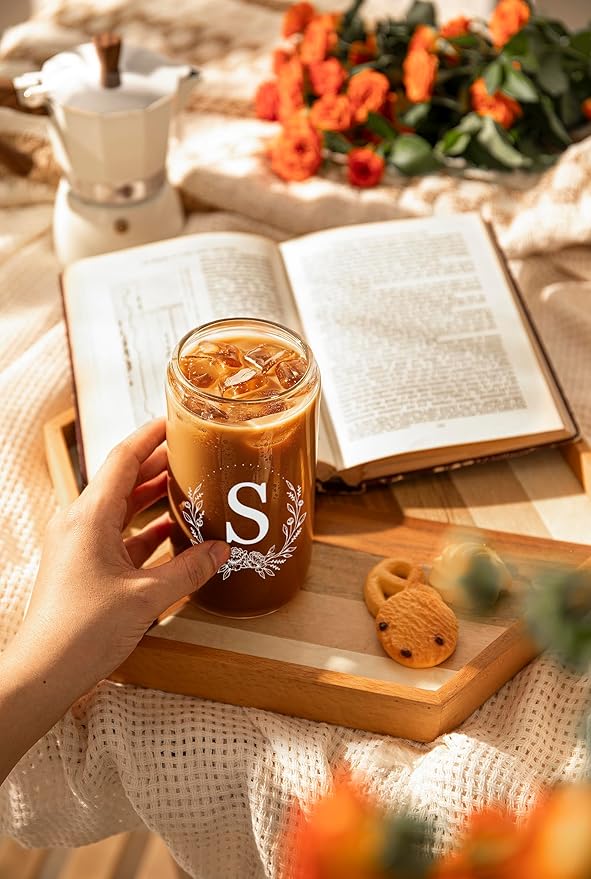 Personalized Gifts for Women, Monogrammed 16oz Glass Cups with Bamboo Lids and Straws, Customized Glass Tumbler, Cute Custom Mug, Customizable Initial Iced Coffee Glasses, Birthday Bridesmaid Mom, S