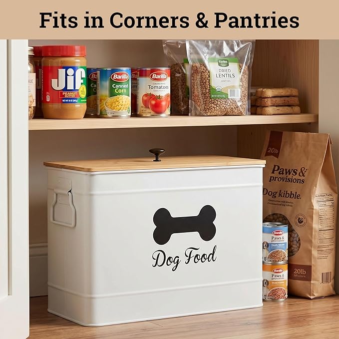 Dog Food Container Airtight 15 lb (50 Cup) Capacity with Metal Scoop - Cute Airtight Dog Food Storage Container with Bamboo Lid - White Metal Kibble Storage Bin for Dogs up to 100 lbs - Big Pet Jar