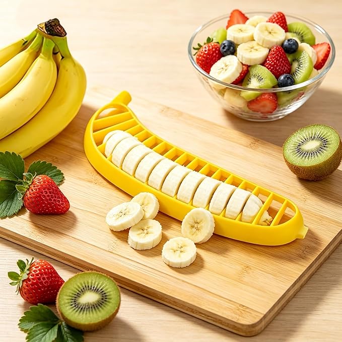 Guyuyii Banana Slicer – Safe, Easy Kitchen Gadget for Kids and Adults | Get 18 Even Slices in Seconds | Perfect for Fruit Salad, Cereal and Dessert Prep | Manual and Dishwasher Safe