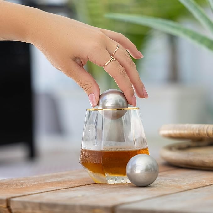 Outset Stainless Steel Ice Cube Spheres, Set of 2 Round Reusable Metal Whiskey Stones with Store Box, 1.57"