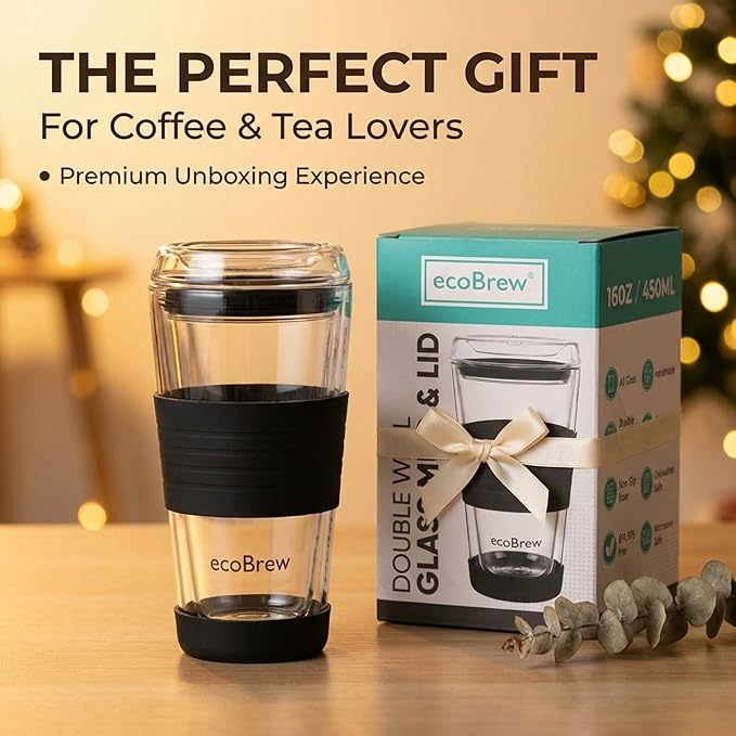 16oz Double Wall All Glass Tumbler with Lid, Dishwasher Safe & Microwavable Glass Travel Mug, Clear Coffee Tumbler To Go, Reusable Ceramic Cup for Hot & Cold Drinks