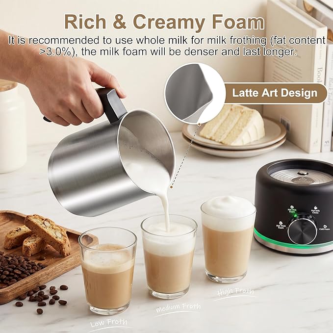 Milk Frother, 16.9 OZ Milk Frother and Steamer, 4 in 1 Electric Milk Frother Dishwasher Safe Durable Silent Frother for Coffee Hot and Cold Foam Maker (Black Stainless)