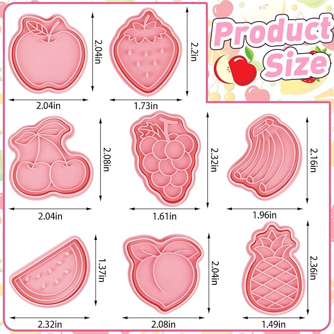 Rozer 8 Pcs Fruit Cookie Cutters with Plunger Stamps Set Christmas Fondant Cutter 3D Strawberry Apple Cherry Grape Banana Pineapple Watermelon Peach Biscuit Cookie Mold for DIY Funny Cake Baking