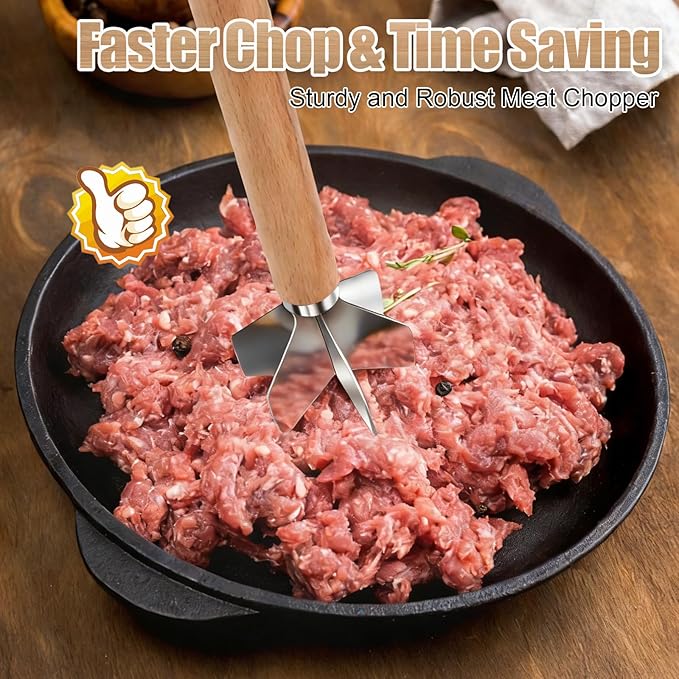 304 Stainless Steel Meat Chopper,Food Grade 6-Blade Ground Beef Chopper Potato Masher Hamburger Smasher Tool for Kitchen Cooking Vegetable Puree 11''