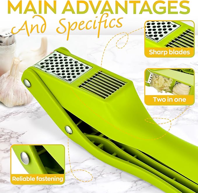 2 in 1 Garlic Slicer and Mincer - Multipurpose Garlic Press and Slicer, Stainless Steel and Durable Plastic, 7.6 x 1.7 x 2.5" Convenient Size, Easy to Use and Clean, Good for Home and Commercial Use