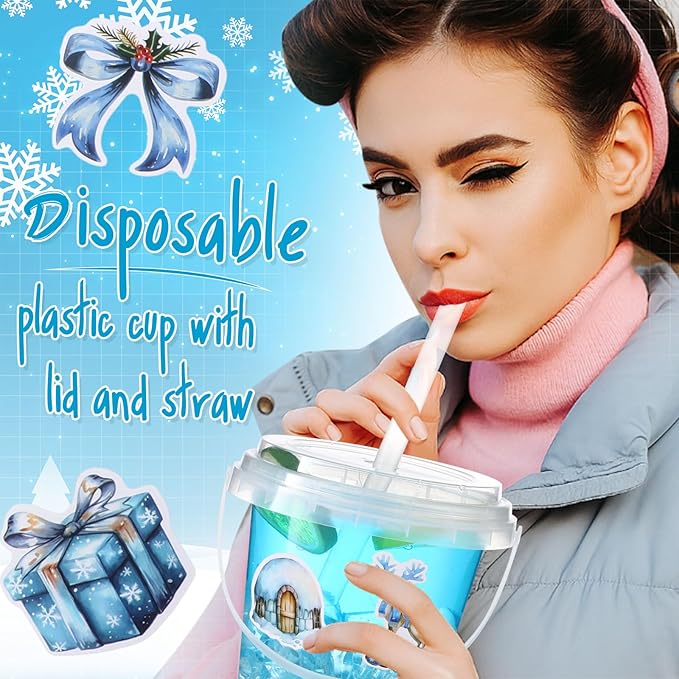 Funnymoom 30 Sets Clear Plastic Cups 24 oz Ice Cream Buckets with Lids & Straws Disposable Drink Cups Cocktail Pails Bulk with Handles and Stickers for Outdoor Beach Birthday Pool Party(Winter)