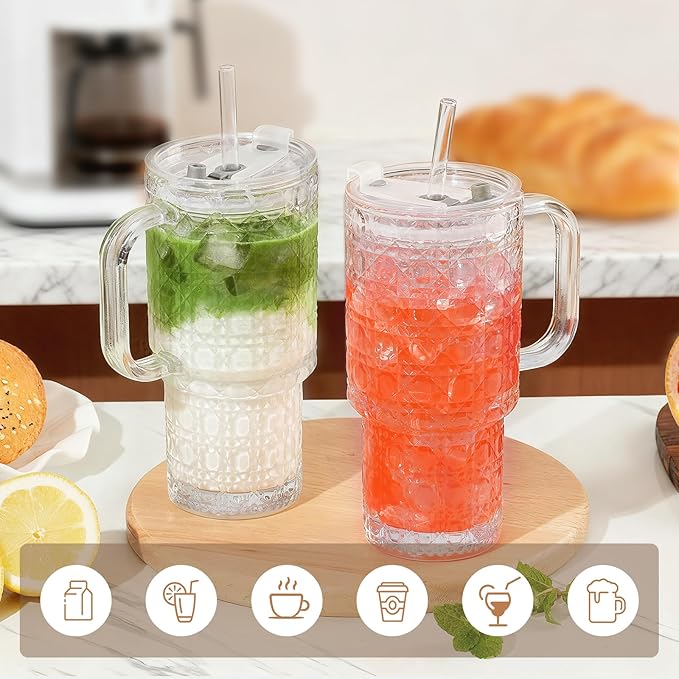 17oz Water Glass Tumbler with Handle & Lid Coasters, Reusable Iced Coffee Cups with Straws – Set of 2, Glass Cups for Beverages,Smoothies, Juice, Coffee, Tea