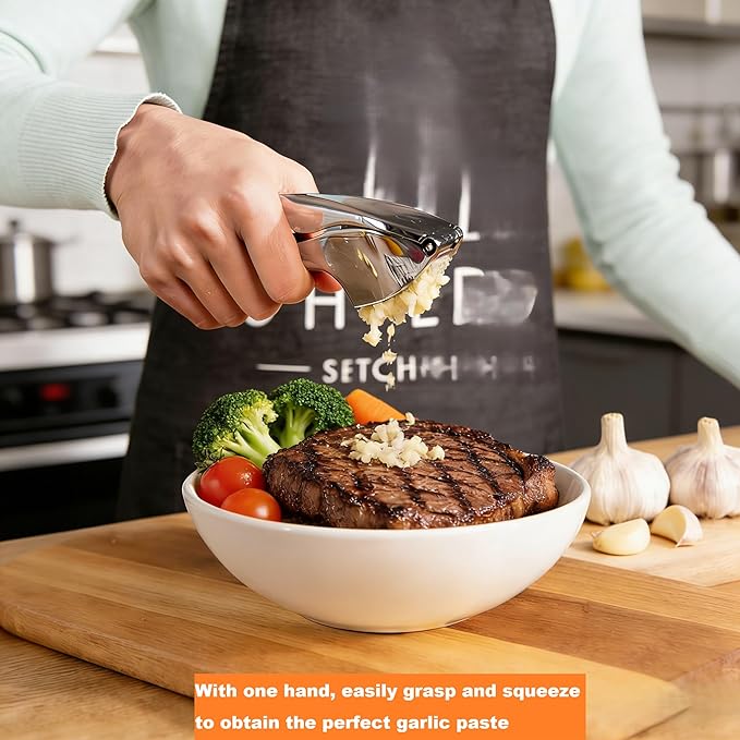 Garlic Press, Stainless Steel Garlic Crusher with Soft Ergonomic Handle, Rust-Proof Garlic Mincer Tool, Dishwasher Safe, Includes Silicone Garlic Peeler & Cleaning Brush