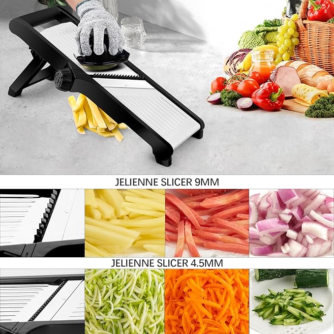 WELTONHM Mandoline Slicer, Adjustable Mandoline Slicer for Kitchen, Stainless Steel Mandolin Vegetable Chopper for Potato, Julienne Cutter with Cut-Resistant Gloves, Black