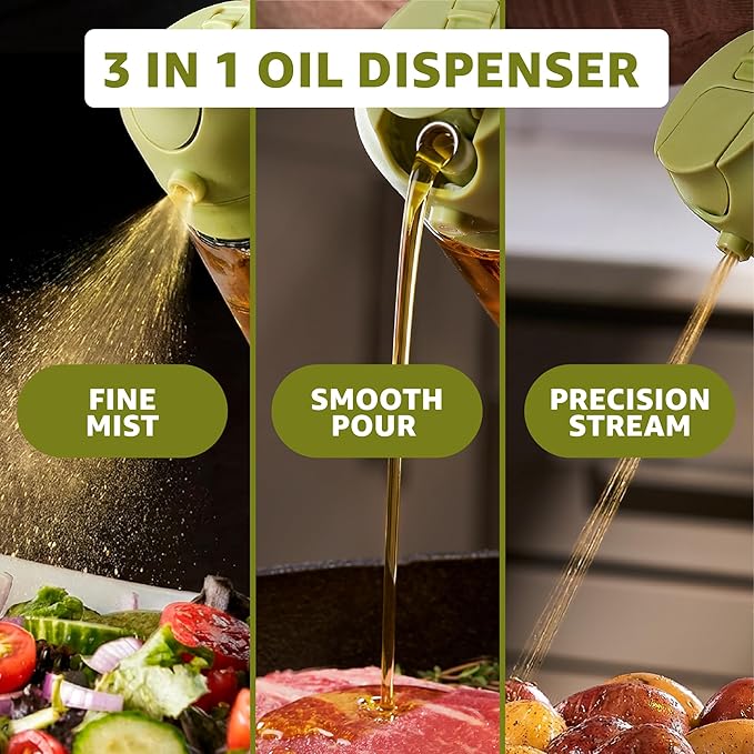FineDine 16oz Olive Oil Sprayer for Cooking, 2 in 1 Olive Oil Dispenser Bottle for Kitchen, Air Fryer, Salad, BBQ & Baking – Dual Spray Mist & Stream, with Measurement Marks, Green