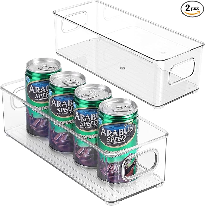 Stackable Plastic Food Storage Bin with Handles for Kitchen Pantry, Cabinet, Refrigerator, Freezer - Organizer for Fruit, Yogurt, Squeeze Pouches - BPA Free, 10" Long - 2 Pack – Clear
