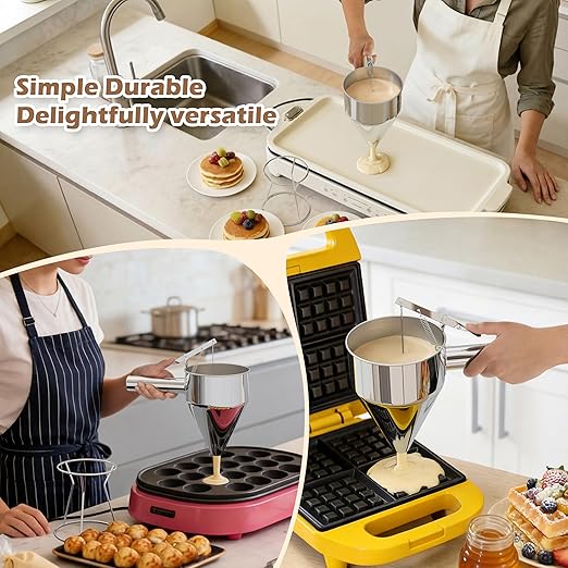 Pancake Batter Dispenser, Pancake Dispenser with 0.8 in Large Spout, Easy-Pour Cake Batter Funnel for Thick Mix with Fruits or Chocolate Chips, Stainless Steel Funnel for Home and Kitchen