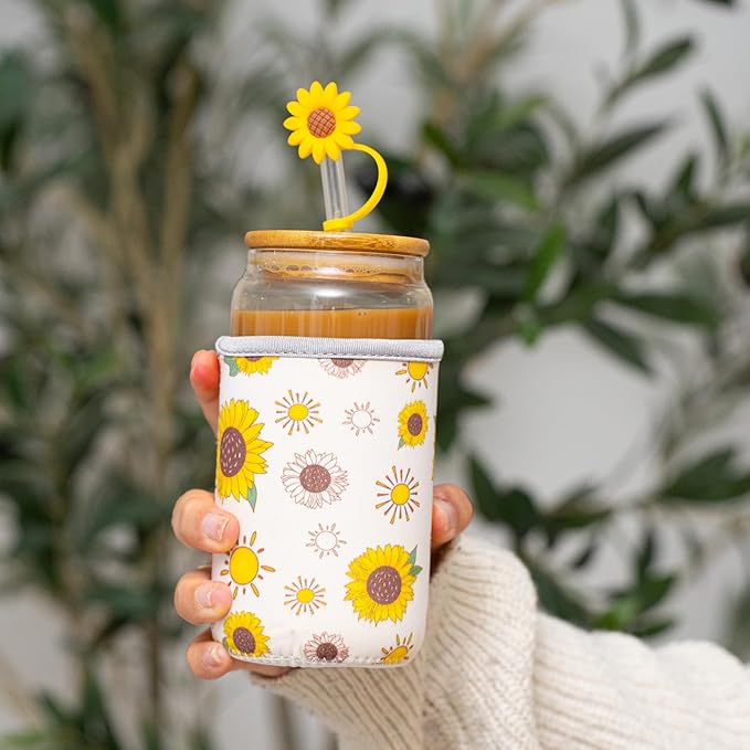 The Love Crate Co. Sunflower Gifts for Women - Glass Tumbler with Lid and Straw, Customized Straw Stopper and Cup Sleeve. Aesthetic Unique Design Iced Coffee Gift Cup for Mom, Teacher, Friend
