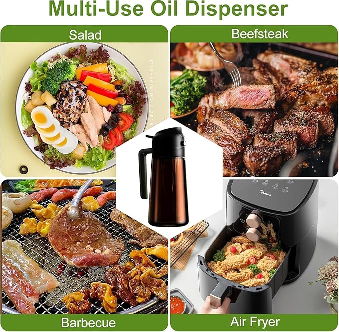 OURCABECUE Kitchen Upgraded Made Oil Sprayer for Cooking, Dark Brown 2 in 1 Spray and Pour Mist Olive Oil Dispenser 16oz 470ml Glass Oil Spray Bottle, Air Fryer (White + Black)