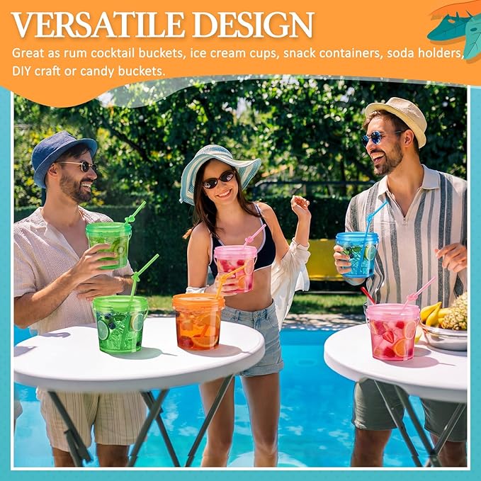 Funnymoom 36 Pack 25 oz Plastic Rum Buckets Bulks for Drinks with Straws Reusable Ice Cream Cocktail Cups Neon Party Bucket with Lids Handles Food Containers Cup for Summer Beach Bar Beer
