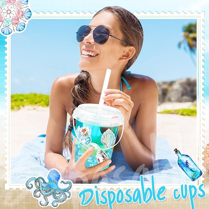 Funnymoom 30 Set Ocean Drink Buckets with Lids and Straws 34oz Large Clear Plastic Disposable Cups Bulk Rum Cocktail Pails with Handles & Stickers for Adult Summer Coastal Beach Pool Party Supplies