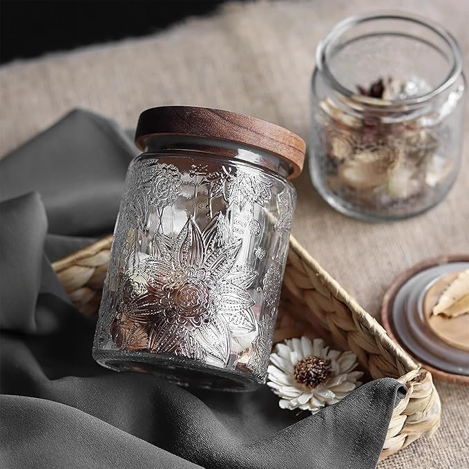 Custde Glass Storage Jars With Airtight Lid, 23.7oz Container For Kitchen Counter with Wooden Lid, brown sugar, candy, coffee, cookie, salt, tea, cute Jar (Sunflower*2)