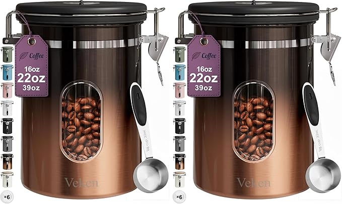 Veken Coffee Canister with Window,Airtight Stainless Steel Kitchen Food Storage Container, Date Tracker & Scoop for Grounds Coffee, Beans, Tea,Flour,Cereal,Sugar,22OZ,Copper (Pack of 2)