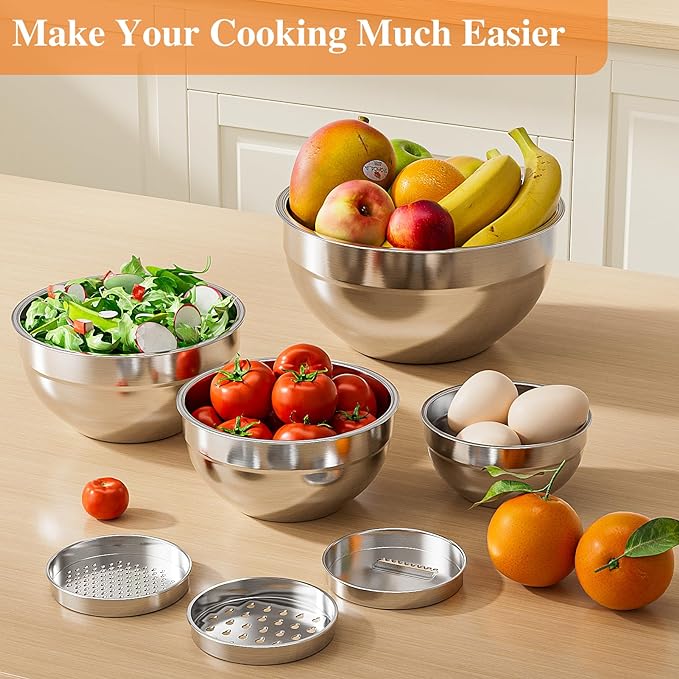 Mixing Bowls with Lids Set, 6 PCS Stainless Steel Mixing Bowls with 3 Grater Attachments, Kitchen Food Storage Organizers Nesting Mixing Bowl, Large Size 4.5, 3.5, 2.1, 1.5, 1.1, 0.7QT