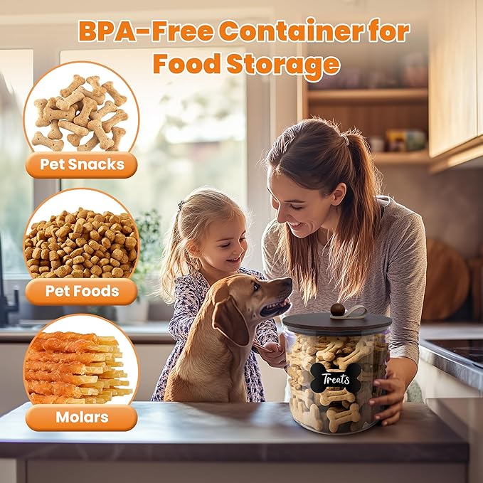 HOYTAMDAR 3 Pack Airtight Dog Food Storage Container, Dog Treat Container Dog Food Container with Wood Lids 8x7''&6x5'',Pet Food Storage Container,Cat Food Containers with Scoops,Clamp,Labels,Pens