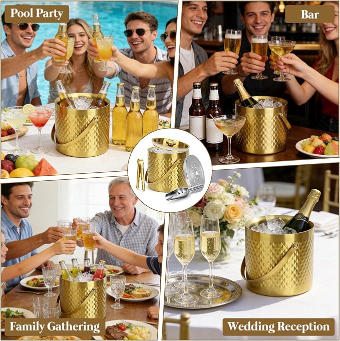 Gold Ice Bucket with Lid, Handle and Tong Insulated 3L Double Wall Stainless Steel Champagne Bucket with Silicone Sealing Ring, Scoop & Strainer, Metal Ice Bucket for Bar, Party, Home Entertaining